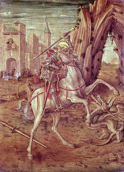 St. George and the Dragon, scene from the predella panel of the ''Madonna della Rondine'' altarpiece von Carlo Crivelli