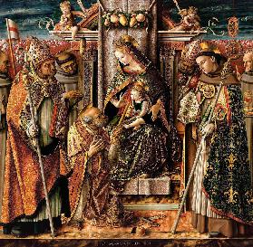 Thronende Madonna mit Christuskind, welches Hl. Petrus den Schlüssel übergibt
