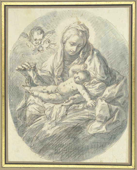 Maria hebt den Schleier vom Kind, links zwei zusehende Engelsköpchen von Carlo Maratti