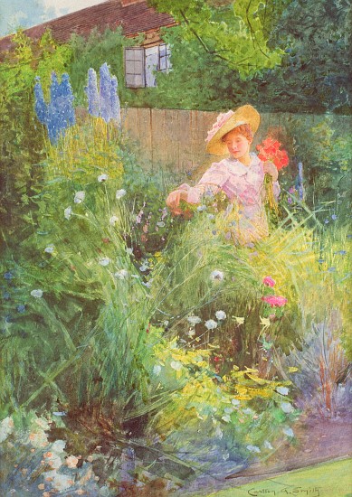 Lady picking flowers in a country garden von Carlton Alfred Smith