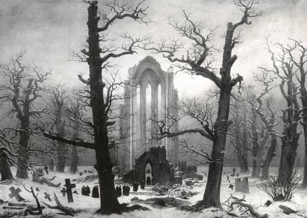Klosterfriedhof im Schnee (1945 verbrannt) Historisches Foto (1902) mit fotografischer Unschärfe. von Caspar David Friedrich
