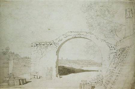 River Landscape with an Arch (unfinished) (pencil, pen and w/c on von Caspar David Friedrich