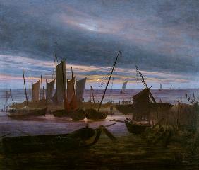 Ostseestrand mit Fischerbooten bei Mondaufgang um 1830