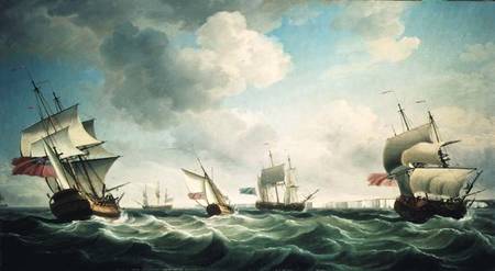 East Indiamen and a smack-rigged Royal Yacht in a breeze off the Downs von Charles Brooking