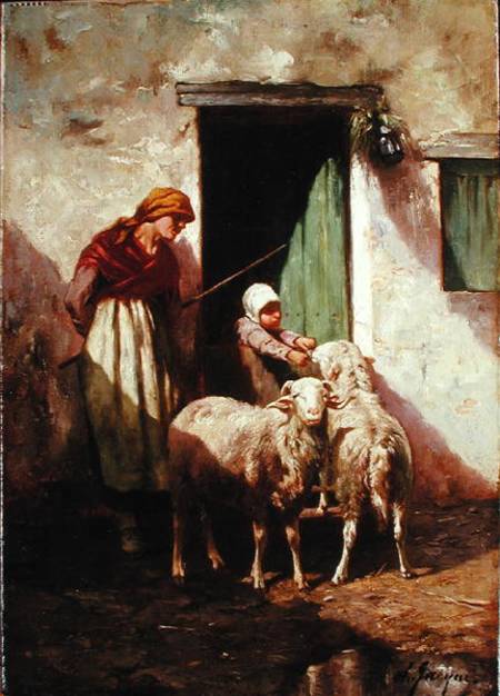 Shepherdess with a Child and Two Sheep von Charles Emile Jacques