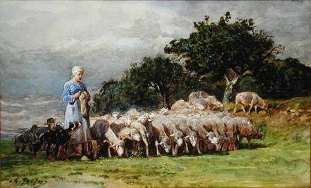 A Shepherdess with a Flock of Sheep von Charles Emile Jacques