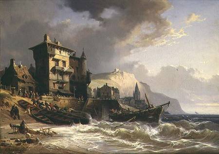Hauling the Boats ashore on the Coast of Brittany von Charles Euphrasie Kuwasseg