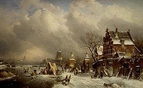 Winterliche Flußlandschaft mit Eisläufern, mit Wirtshaus und Mühle 1874