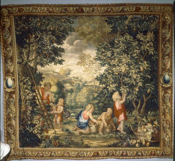 Boys harvesting fruit / Tapestry von Charles Le Brun