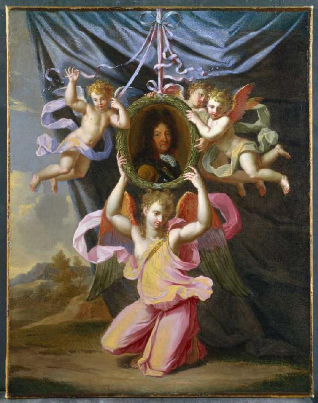 Bildnis Ludwig XIV., von Engeln vor einem Vorhang gehalten. von Charles Le Brun (Nachfolger)