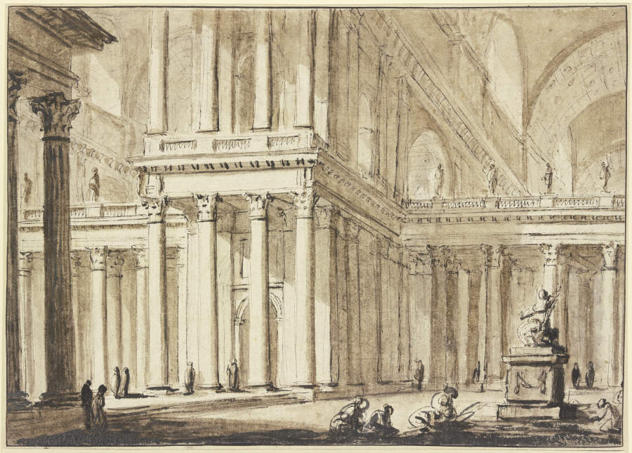 Grandiose Säulenhalle, rechts eine Statue vor welcher mehrere Menschen knien von Charles-Michel-Ange Challe