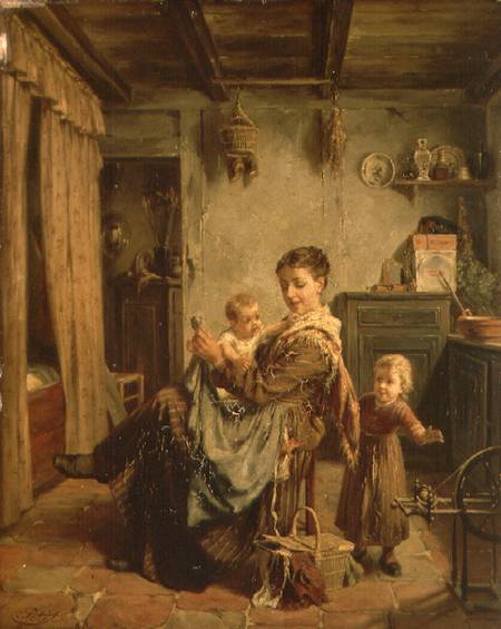 Cache-Cache, an interior with mother and child von Charles Petit