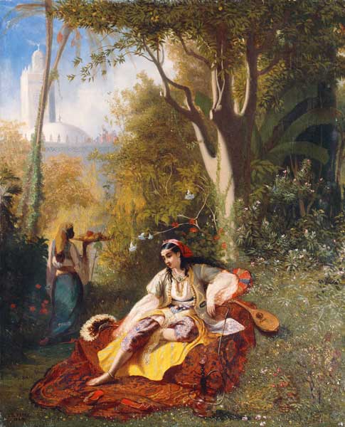 Eine Algerierin mit ihrer Bediensteten in einem Garten von Charles-Theodore Frère