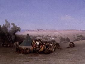 Lagernde Araber auf dem Ölberg mit Blick auf Jerusalem. von Charles-Theodore Frère