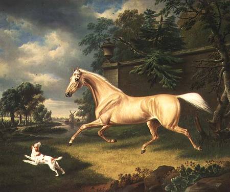 A Palomino frightened by an oncoming storm with a Spaniel von Charles Towne