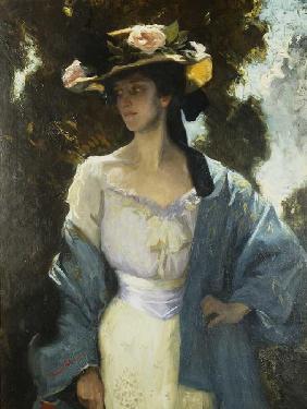 Frances Josephine Furse, Schwägerin des Künstlers, in einer blauen, orientalischen Jacke 1903