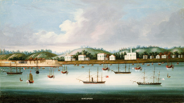 A view of Singapore from the roads with American, French and British shipping, c.1850 von Chinese School