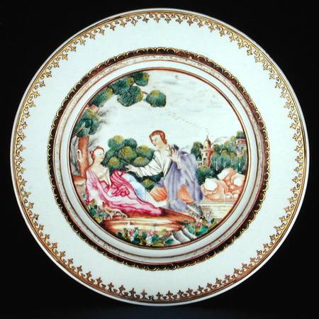 Dinner plate painted in famille rose enamels illustrating a scene from a fable by La Fontaine, after von Chinese School