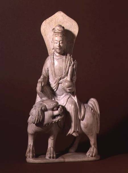 Figure of the Bodhisattva Guanyin, holding a vase with a willow twig and sitting on a Buddhist lion, von Chinese School