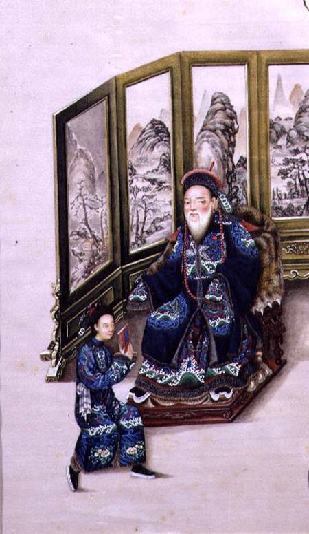 Old Man Seated with a Servant Reading von Chinese School