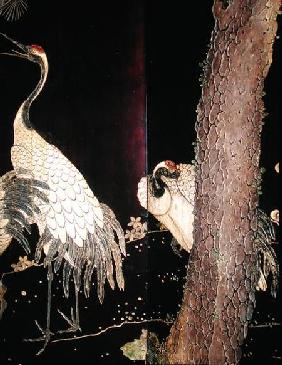 Detail of two cranes from a Coromandel screen 1691