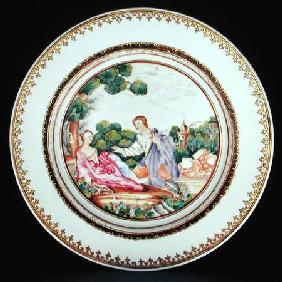 Dinner plate painted in famille rose enamels illustrating a scene from a fable by La Fontaine, after c.1790