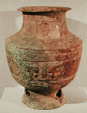 'Lei' wine vase decorated with a taotie design, from Pao-Chia-Chuang, Zhengzhou, Henan, Shang Dynast 16th-15th