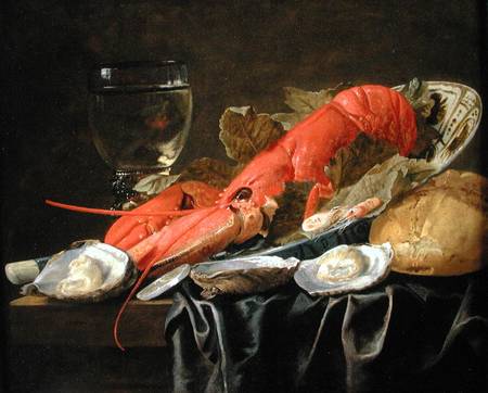 Still life with lobster, shrimp, roemer, oysters and bread von Christiaan Luykx or Luycks