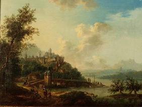 A Rhineland View with a Bridge and Figures in the foreground and a Fortified Town on a Hill beyond