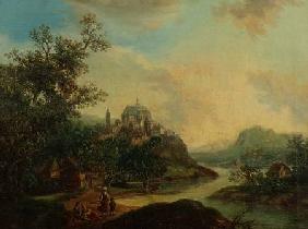 A Rhineland View with Figures in the foreground and a Fortified Town on a Hill Beyond
