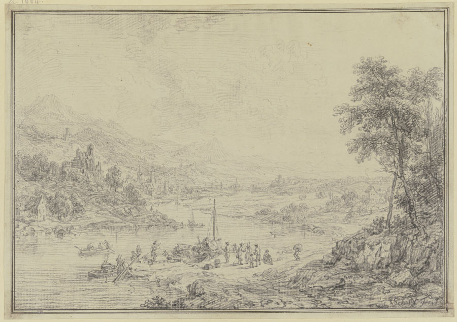 Flussgegend mit einem Städtchen im Tal, Burgen und Schlössern auf den Bergen, vorne am Ufer Schiffe  von Christian Georg Schütz d. Ä.