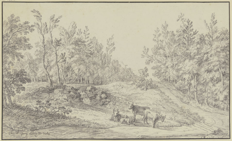 Waldlichtung, im Vordergrund drei Kühe und zwei Schafe von Christian Georg Schütz d. Ä.