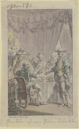 Tafelszene: Ein Ritter tritt an den gedeckten Tisch heran und begrüßt einen sitzenden Ritter