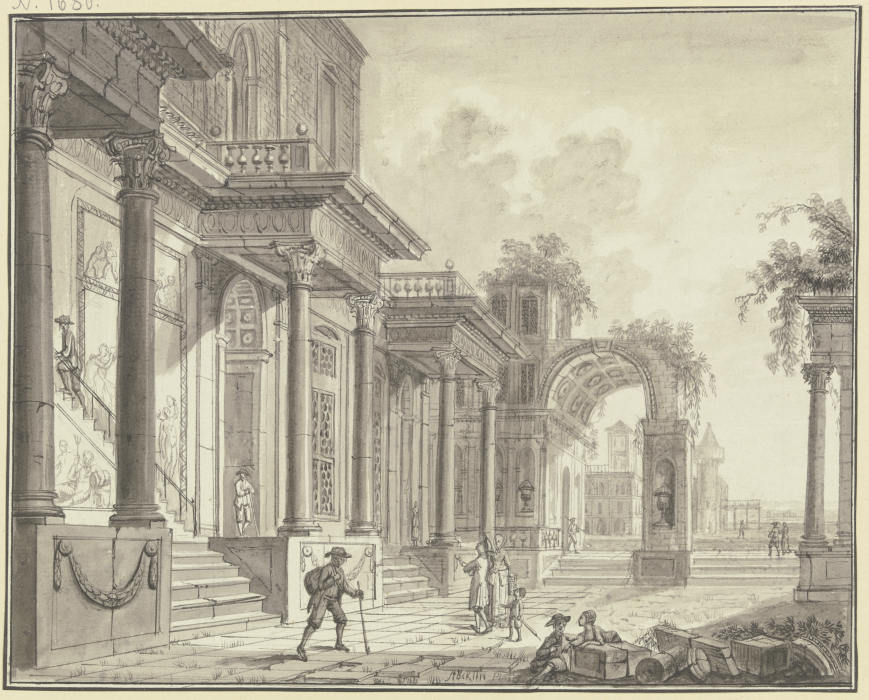 Antiker Palast mit Arkade und Durchblick auf Architektur und Landschaft, im Vordergrund Staffagefigu von Christian Stocklin