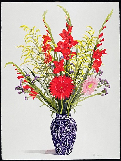 Tiger Lilies, Gladioli and Scabious in a Blue Moroccan Vase (w/c)  von Christopher  Ryland