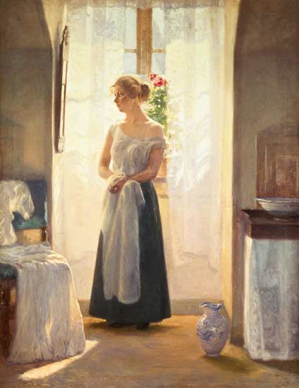 Interior with a Girl standing in front of a Mirror von Cilius Anderson
