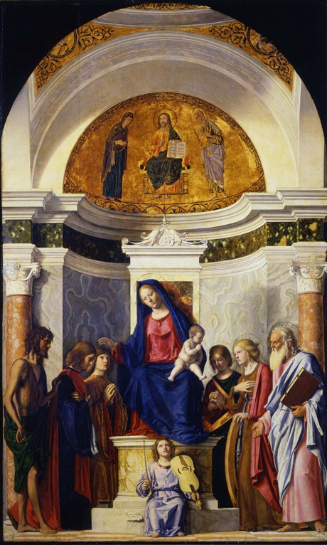 Madonna mit dem Kinde und den Heiligen Johannes dem Täufer, Cosmas und Damian, Katharina und Paulus von Giovanni Battista Cima da Conegliano