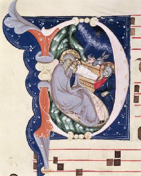 Ms 561 f.31v Historiated initial 'D' depicting the Nativity, from a gradual from the Monastery of Sa early 14th
