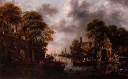 River Scene with Boats and Figures von Claes Molenaer
