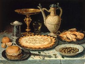 Stillleben mit Fleischpastete, Wachteln und Oliven 1610-15