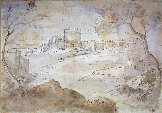 Landscape with a fortified town (ink & wash on paper) von Claude Lorrain