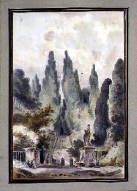 The Gardens of the Villa d'Este at Tivoli (w/c over black chalk on paper)