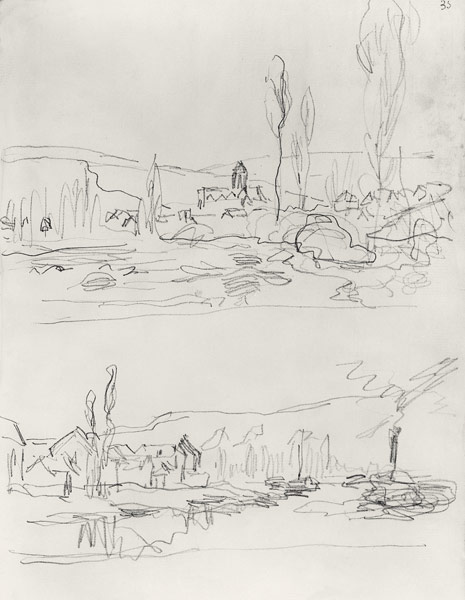 Two Sketches: Vetheuil from L'Ile St-Martin and Tugboat on the Seine before Lavacourt von Claude Monet