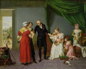 Baron Jean Louis Alibert (1768-1837) performing the vaccination against smallpox in the Chateau of L 16th