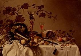Stillleben mit Früchten in einer Delfter Schale, Pastete und Zinngeschirr von Cornelis Cruys
