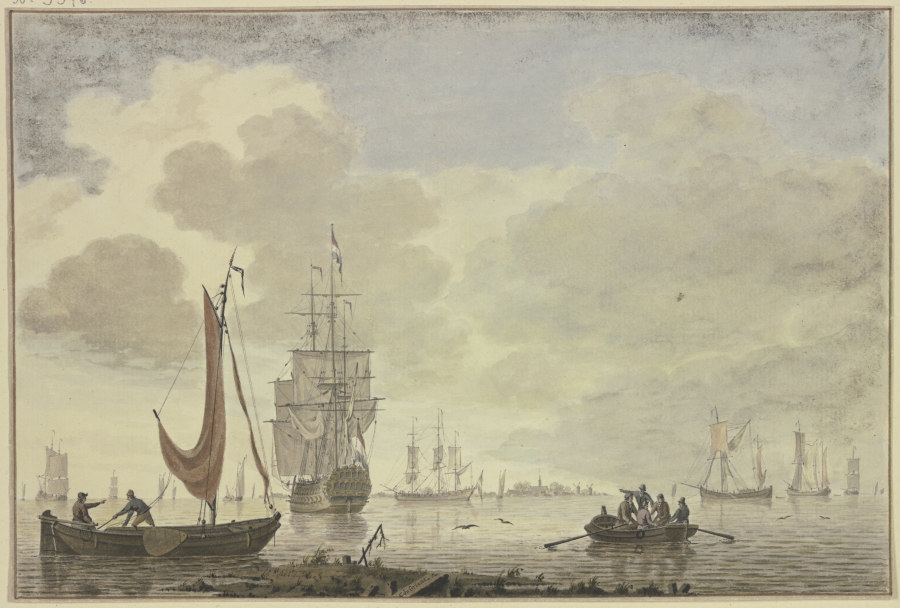 Marine, rechts ein Ruderboot mit fünf Figuren von Cornelis de Grient