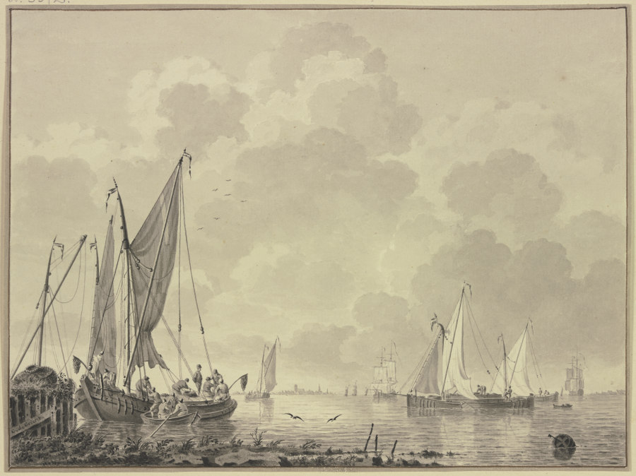 Ruhige See mit vielen Schiffen, links an einem Damm eine Barke und Boot, rechts eine Barke von Cornelis de Grient