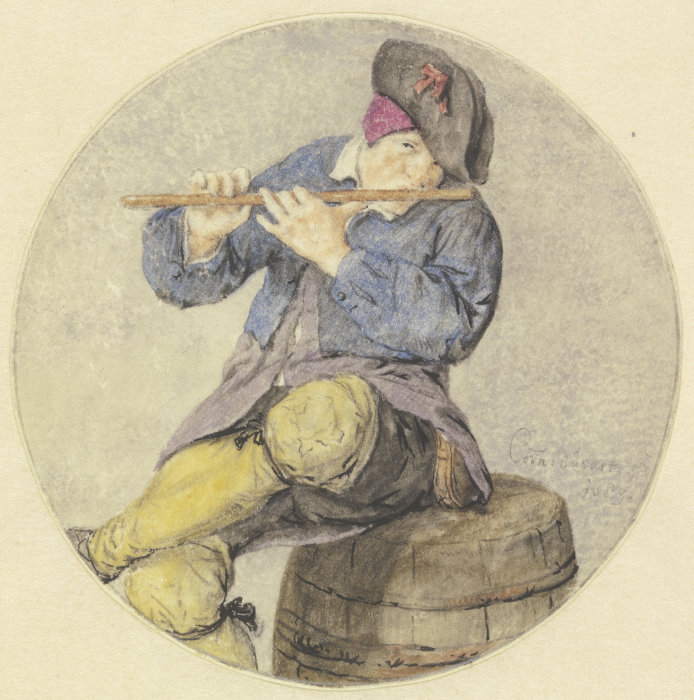 Flötenspieler auf einem Fass sitzend von Cornelis Dusart