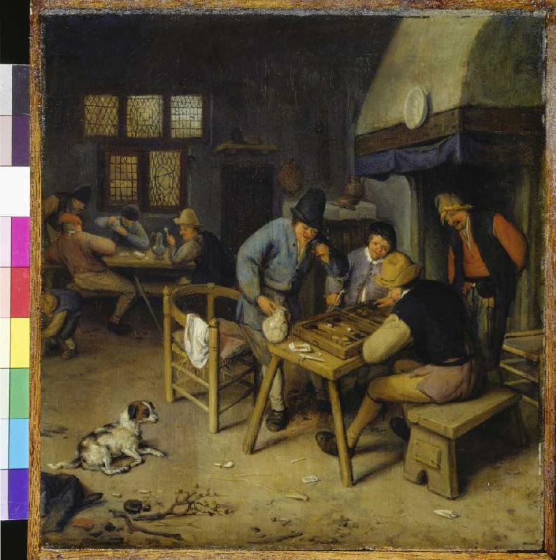 Wirtshausinterieur mit Tricktrack und Karten spielenden Bauern von Cornelis Dusart