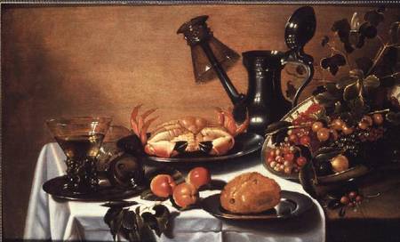 Still life of fruit with crab, overturned roehmer on spout of jug von Cornelis Kruys